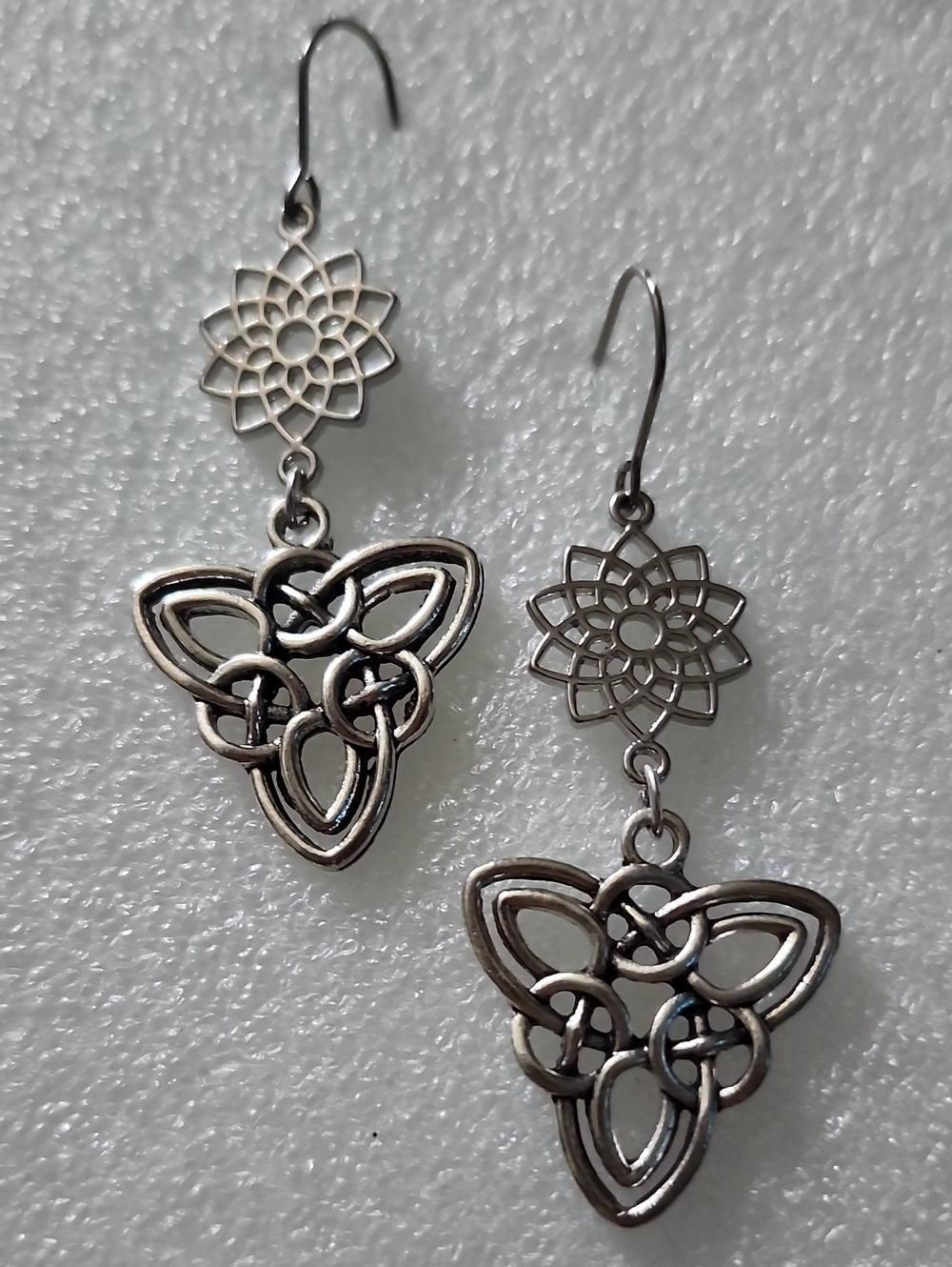 Hand Crafted Silver Celtic Knot Dangle Earrings with Floral Connector
